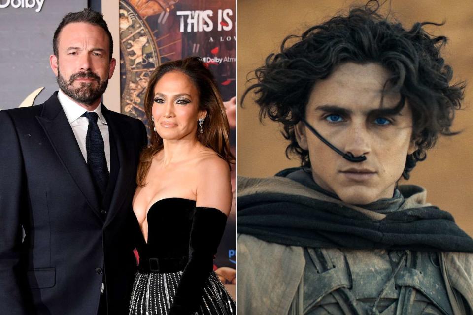 <p>Steve Granitz/FilmMagic, Warner Bros.</p> Ben Affleck, Jennifer Lopez and Timothée Chalamet in Dune: Part Two