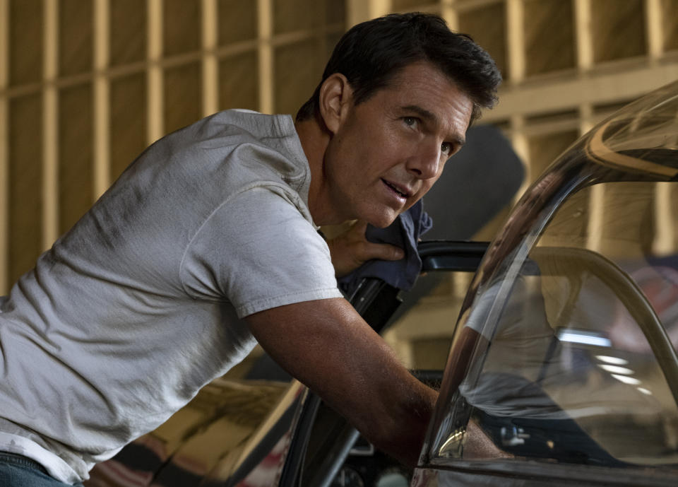 This image released by Paramount Pictures shows Tom Cruise portraying Capt. Pete "Maverick" Mitchell in a scene from "Top Gun: Maverick." The widow and son of the man who wrote the 1983 article that inspired the original “Top Gun” are suing Paramount Pictures over its sequel, “Top Gun: Maverick.” (Scott Garfield/Paramount Pictures via AP)