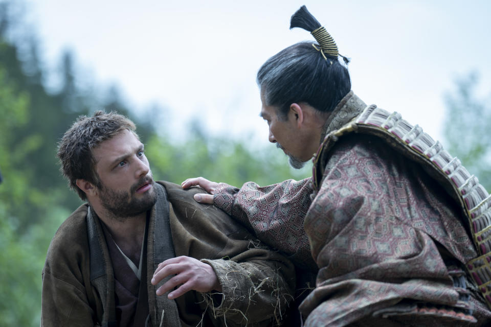 “SHOGUN” --  "A Dream of a Dream" -- Episode 10 (Airs April 23)  Pictured (L-R):  Cosmo Jarvis as John Blackthorne, Hiroyuki Sanada as Yoshii Toranaga.  CR: Katie Yu/FX