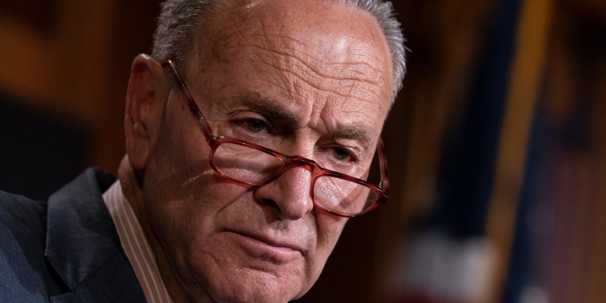 FILE - In this Tuesday, June 18, 2019 file photo, Senate Minority Leader Chuck Schumer, D-N.Y., talks to reporters at the Capitol in Washington. Schumer called on the U.S. government Sunday, June 30, to step up its efforts to investigate the deaths of Americans who traveled to the Dominican Republic and is asking the Bureau of Alcohol, Tobacco, Firearms and Explosives to get involved. (AP Photo/J. Scott Applewhite, File)