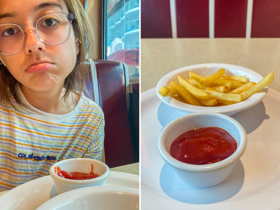 The author frowns when she finishes her fries before her burger