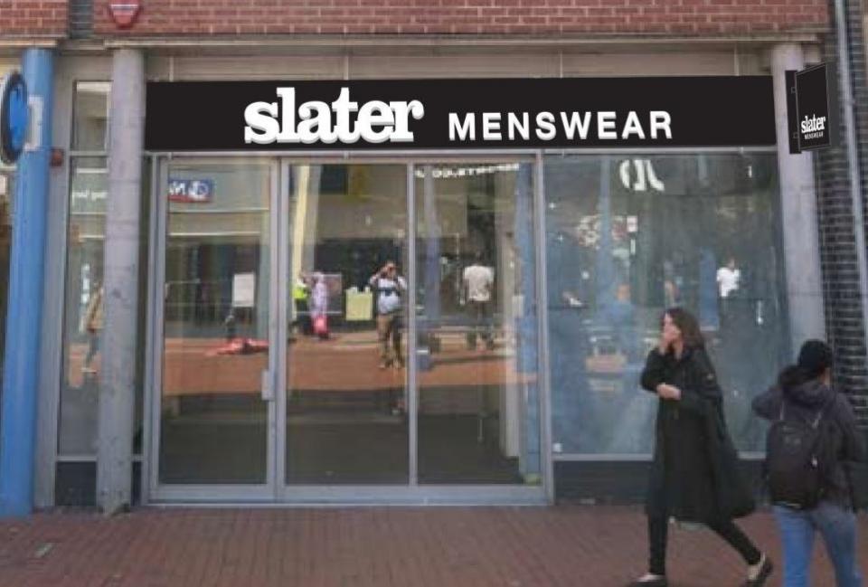 Reading Chronicle: A CGI of what the Slater Menswear sign for the old Sports Direct shop in Broad Street, Reading will look like. Credit: Signs Express