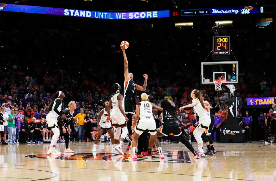 Phoenix Mercury center Brittney Griner is given the tip-off during the home opener against the Chicago Sky in the first half at Footprint Center on May 21, 2023.