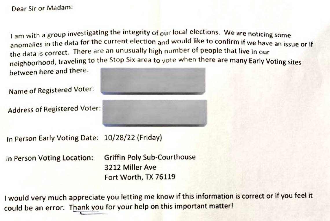 A letter delivered in Fort Worth to a TCU-area voter Oct. 31, 2022, asked whether and why she voted at the Griffin Building 7 miles away in Polytechnic Heights.