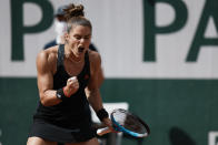 Maria Sakkari of Greece celebrates after winning a point against United States's Sofia Kenin during their fourth round match on day 9, of the French Open tennis tournament at Roland Garros in Paris, France, Monday, June 7, 2021. (AP Photo/Thibault Camus)