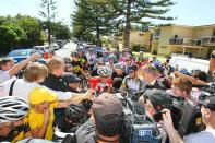 Lance Armstrong of the US (C) is interviewed before a ride with members of the public in prepartation for the upcoming Tour Down Under cycling event in Adelaide on 15 January 2011. The Tour Down Under cycling event will be held from January 16-23. IMAGE STRICTLY RESTRICTED TO EDITORIAL USE STRICTLY NO COMMERCIAL USE AFP PHOTO / MARK GUNTER (Photo credit should read Mark Gunter/AFP/Getty Images)