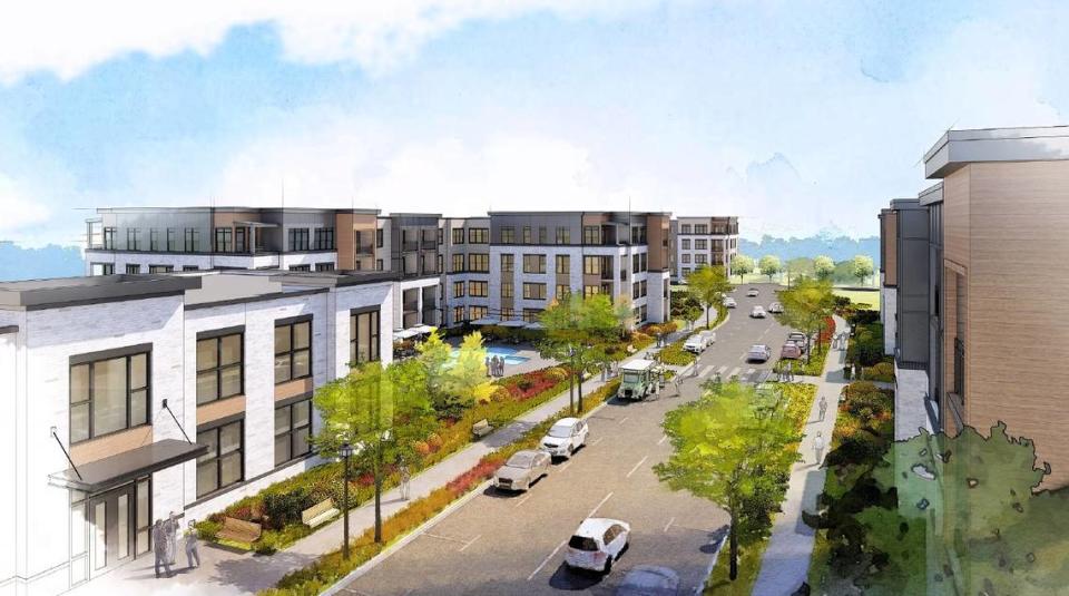 A central road could connect apartment buildings in developer D.R. Bryan’s Meridian Lakeview plan for East Lakeview Drive off U.S. 15-501 in Chapel Hill. The project also could feature affordable senior apartments and a public lawn for events and recreation.