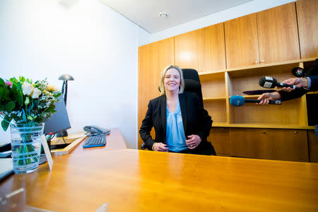 Sylvi Listhaug sits at the desk after she was introduced as the new Senior and Public Health Minister, in Oslo, Norway May 3, 2019. NTB scanpix/Stian Lysberg Solum via REUTERS