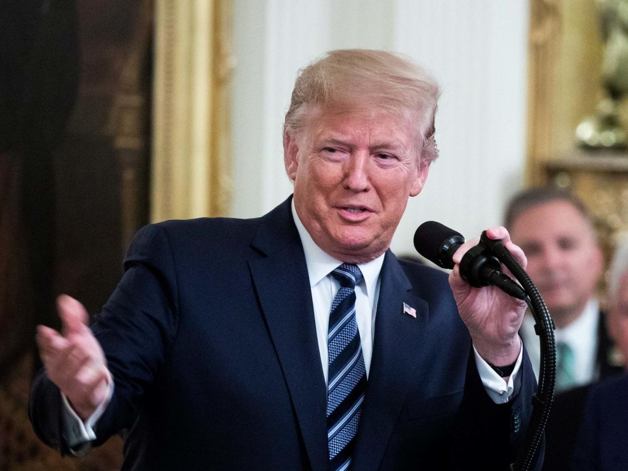 Donald Trump speaks during a ceremony in which he awarded the Presidential Citizens Medal posthumously to veteran Rick Rescorla in the East Room of the White House in Washington, DC, on 7 November 2019: Michael Reynolds/EPA