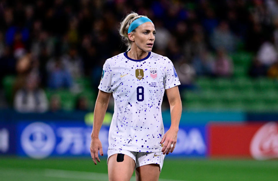 MELBOURNE, AUSTRALIA - AUGUST 6: Julie Ertz #8 of USA defending during a game between Sweden and USWNT at Melbourne Rectangular Stadium on August 6, 2023 in Melbourne, Australia. (Photo by Richard Callis/ISI Photos/Getty Images)