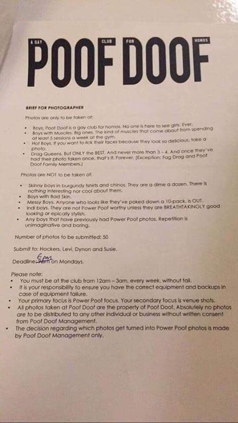 The controversial brief given to Poof Doof club photographers. Source: Supplied