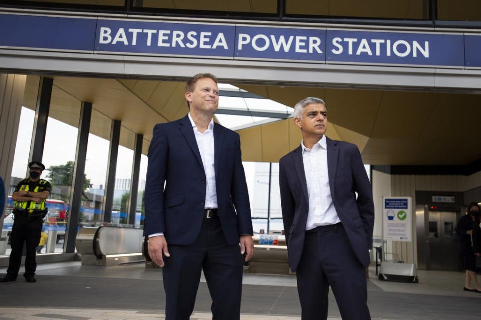 Transport Secretary Grant Shapps (left) criticised the M25 protests as he visited the new Battersea Power Station Tube station (David Mirzeoff/PA) (PA Wire)