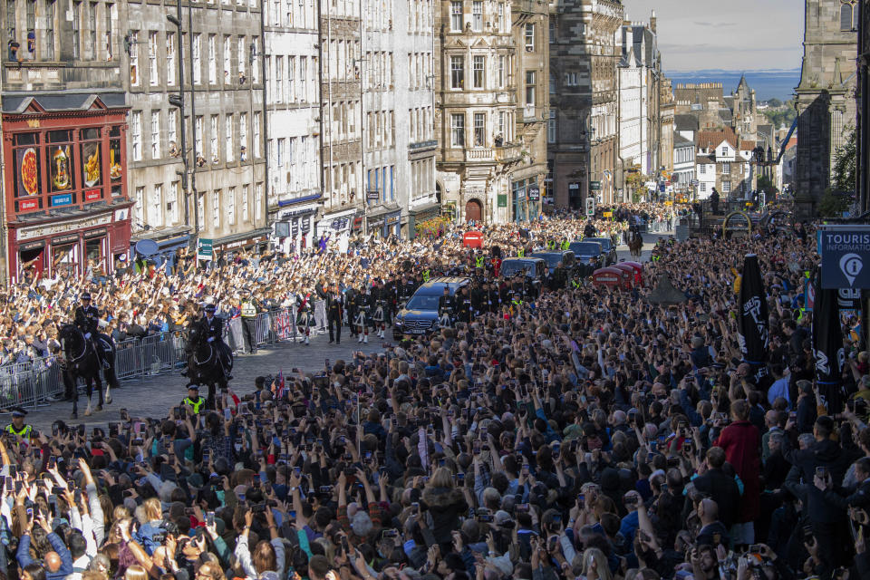 King Charles III, the Princess Royal, the Duke of York and the Earl of Wessex walk behind Queen Elizabeth II's coffin during the procession from the Palace of Holyroodhouse to St Giles' Cathedral, Edinburgh, Monday, Sept. 12, 2022. (Lesley Martin/Pool Photo via AP)