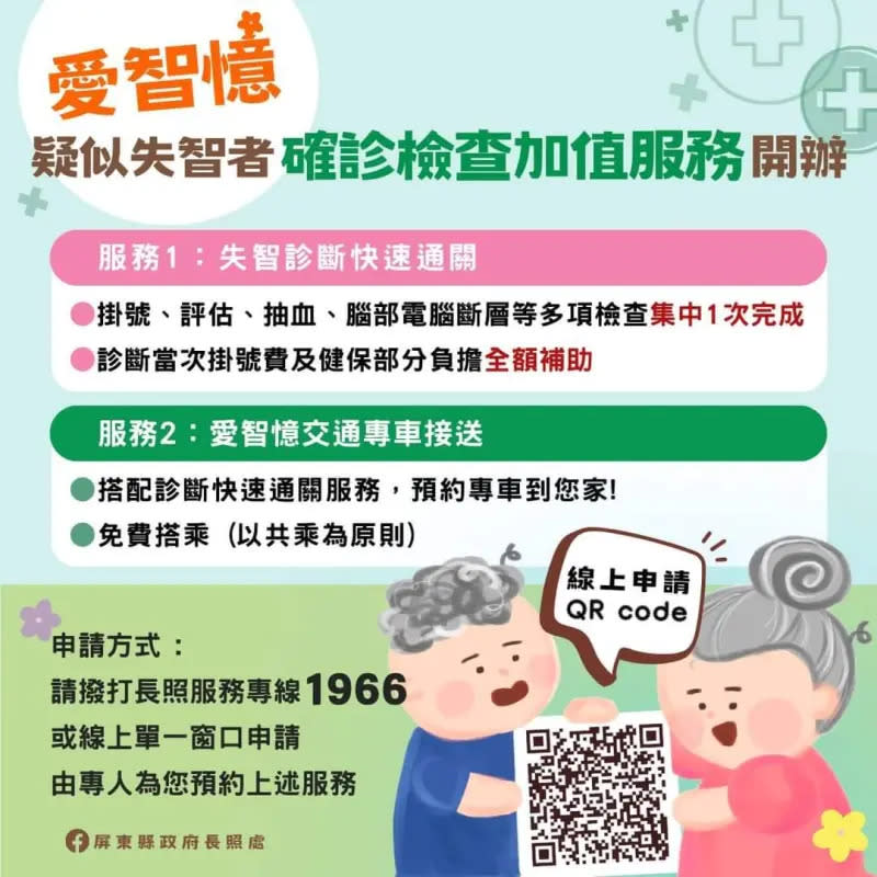 ▲診斷當次免費專車接送且掛號費及健保部分負擔由屏東縣府全額補助，失智症診斷快速又便利。（圖／記者莊全成翻攝）