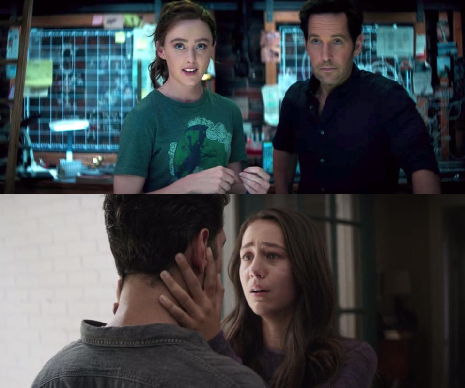 In the top image: Kathryn Newton as Cassie and Paul Rudd as Scott in "Ant-Man and the Wasp: Quantumania." In the bottom image: Rudd as Scott and Emma Fuhrmann as Cassie in "Avengers: Endgame."