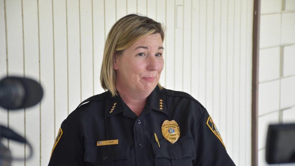 Jennifer Coley, interim chief of the campus police department at USF Sarasota-Manatee, speaks to reporters during a Tuesday, May 2, 2023 press conference after police officers responded to USFSM to investigate a hoax active shooter call.
