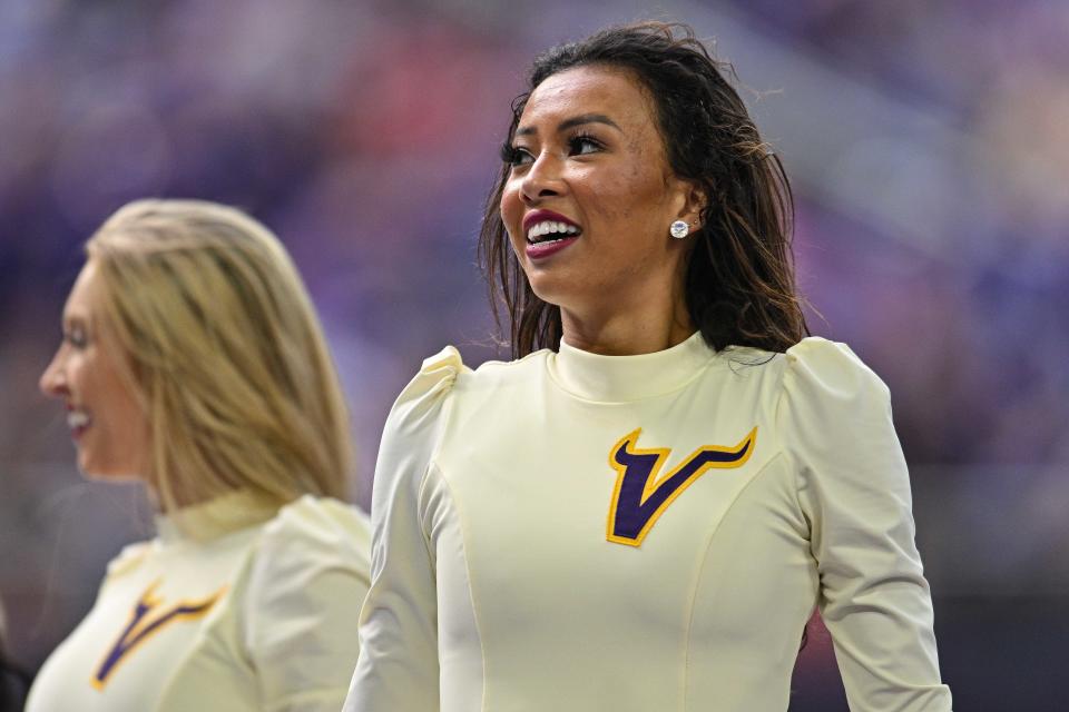 Sep 10, 2023; Minneapolis, Minnesota, USA; Minnesota Vikings cheerleaders perform during the second quarter against the Tampa Bay Buccaneers at U.S. Bank Stadium. Mandatory Credit: Jeffrey Becker-USA TODAY Sports