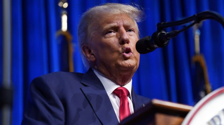 <em>Trump speaks during the North Carolina Republican Party Convention in Greensboro on June 10, 2023.</em> (AP Photo/Chuck Burton)