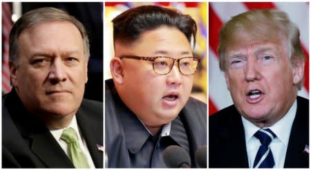 FILE PHOTO: A combination photo shows Mike Pompeo (L) in Washington, North Korean leader Kim Jong Un (C) in Pyongyang, North Korea and U.S. President Donald Trump (R), in Palm Beach, Florida, U.S., respectively from Reuters files.   REUTERS/Yuri Gripas (L) & KCNA handout via Reuters & Kevin Lamarque (R)