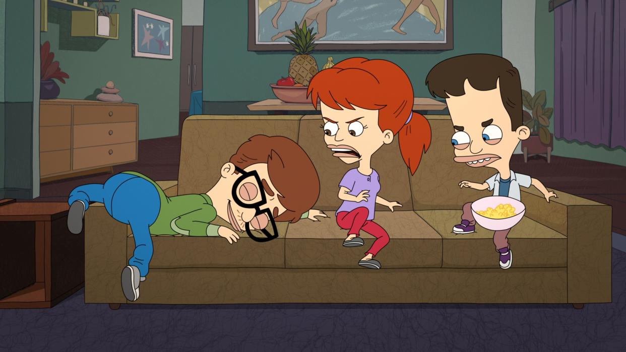 Andrew Glouberman (John Mulaney), Jessi Glaser (Jessi Klein) and Nick Birch (Nick Kroll) participate in (and fail) No Nut November in Season 5 of "Big Mouth."