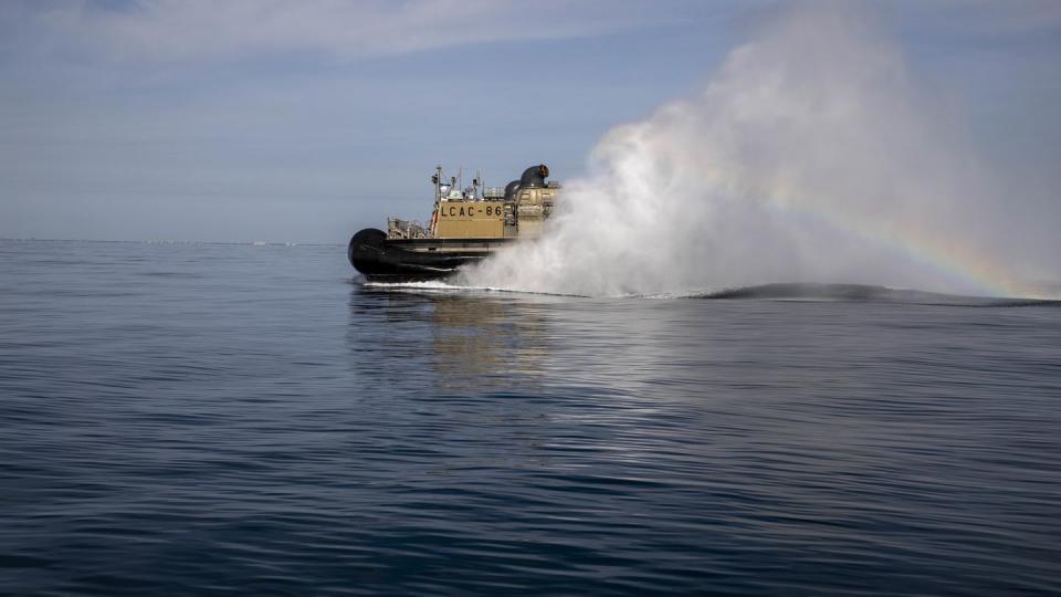 Sailors operate landing craft air cushions during recovery efforts of a high-altitude balloon in the Atlantic Ocean, Feb. 8, 2023. (MCS3 Eric Moser/Navy)