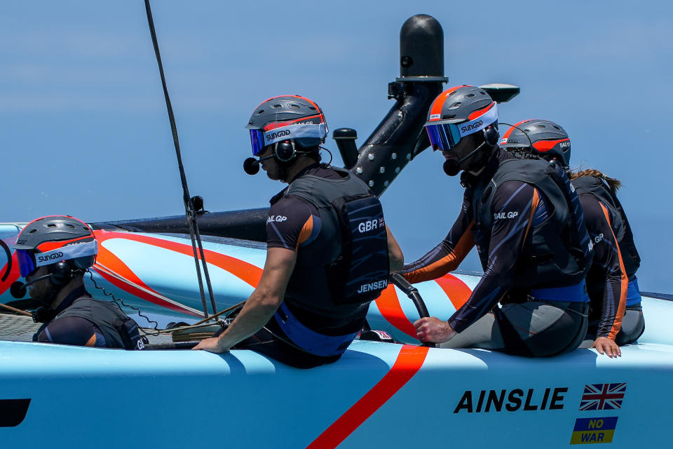 Great Britain SailGP Team helmed by Ben Ainslie practising at full speed ahead of the first race on Race Day 2 of Bermuda SailGP presented by Hamilton Princess, Season 3, in Bermuda. 15th May 2022. Photo: Bob Martin for SailGP.
