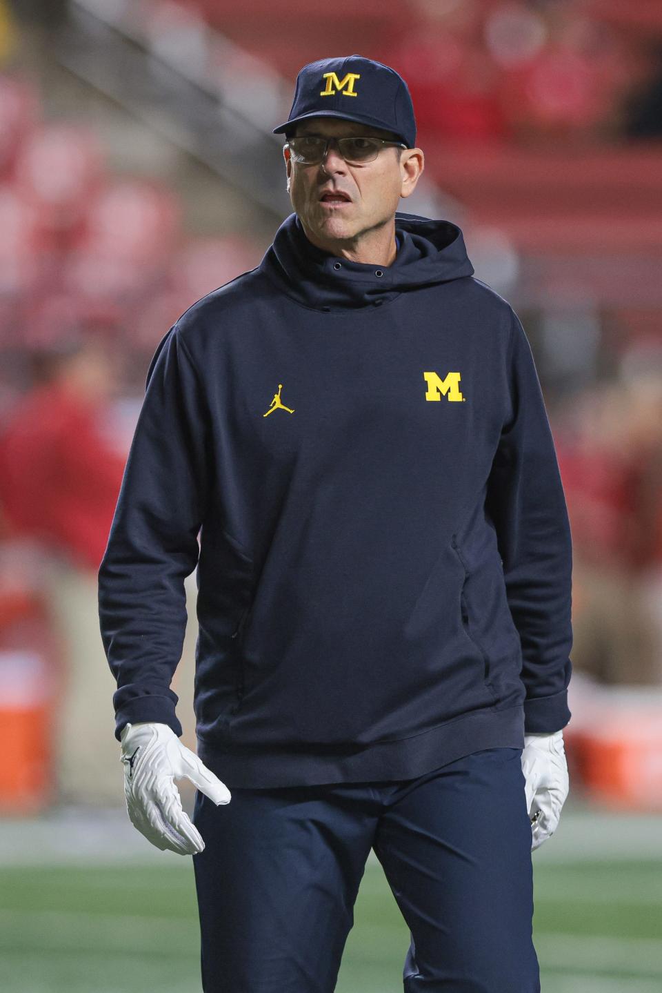 Michigan head coach Jim Harbaugh looks on before the game against the Rutgers at SHI Stadium in Piscataway, New Jersey, Nov. 5, 2022.