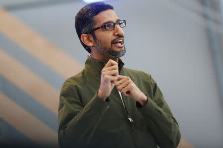 FILE PHOTO: Google CEO Sundar Pichai speaks on stage during the annual Google I/O developers conference in Mountain View, California, May 8, 2018. REUTERS/Stephen Lam