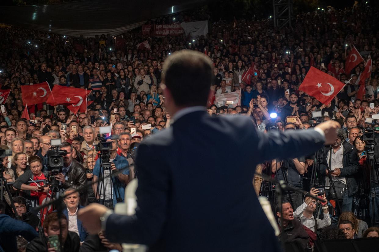 Istanbul Mayor Ekrem Imamoglu gestures as he speaks during a protest against the re-run of Istanbul mayoral election in Istanbul, on May 6, 2019. - Turkey's top election body ordered a re-run of the Istanbul mayoral election on May 6, 2019 after President Recep Tayyip Erdogan's party complained about its shock defeat in the vote, the state news agency reported. The ruling Justice and Development Party (AKP) narrowly lost Turkey's biggest city in March 31 local elections, ending the party and its predecessors' 25-year control of the metropolis. The new election will take place on June 23, according to the state-run TRT broadcaster. The AKP claims there were "irregularities and corruption" that required a re-run of the mayoral election, which was won by Ekrem Imamoglu, of the main opposition Republican People's Party (CHP) by just 13,000 votes. (Photo by Bulent Kilic / AFP)        (Photo credit should read BULENT KILIC/AFP/Getty Images)