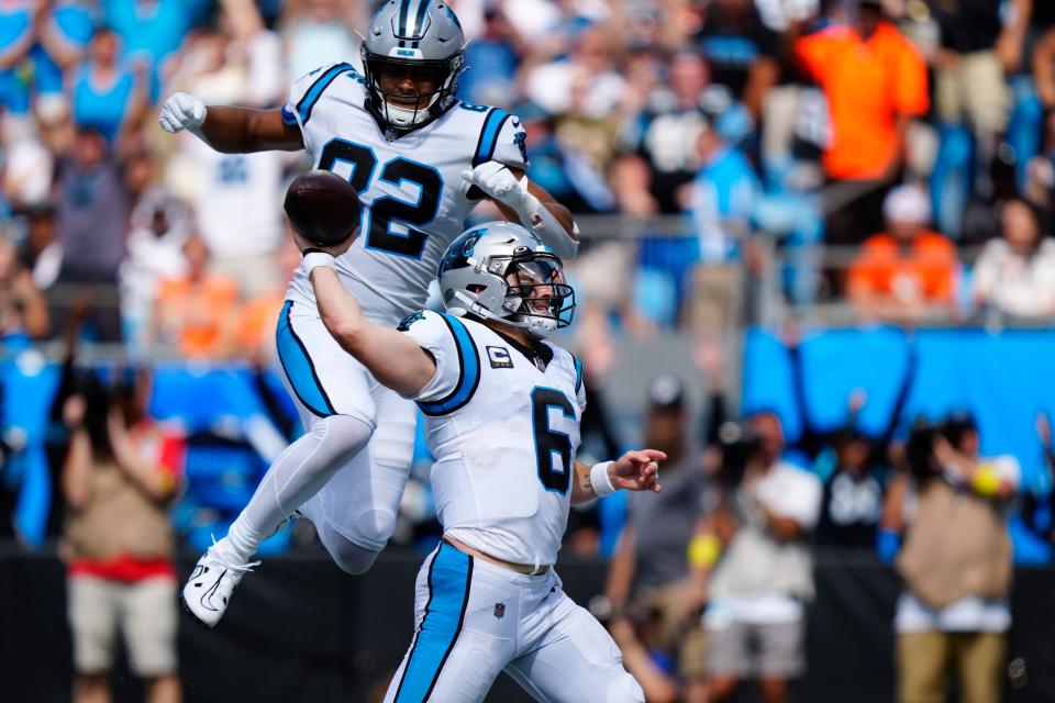 Panthers quarterback Baker Mayfield celebrates after scoring against the Browns during the second half Sunday, Sept. 11, 2022, in Charlotte, N.C.