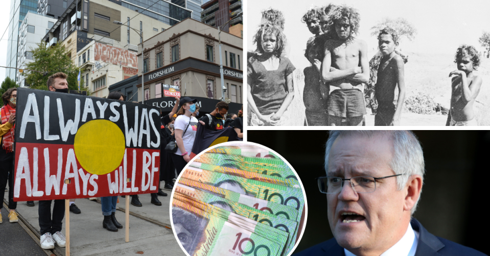 Protesters hold up an Aboriginal flag sign. Aboriginal children in 1978. Prime Minister Scott Morrison. Australian $100 notes.