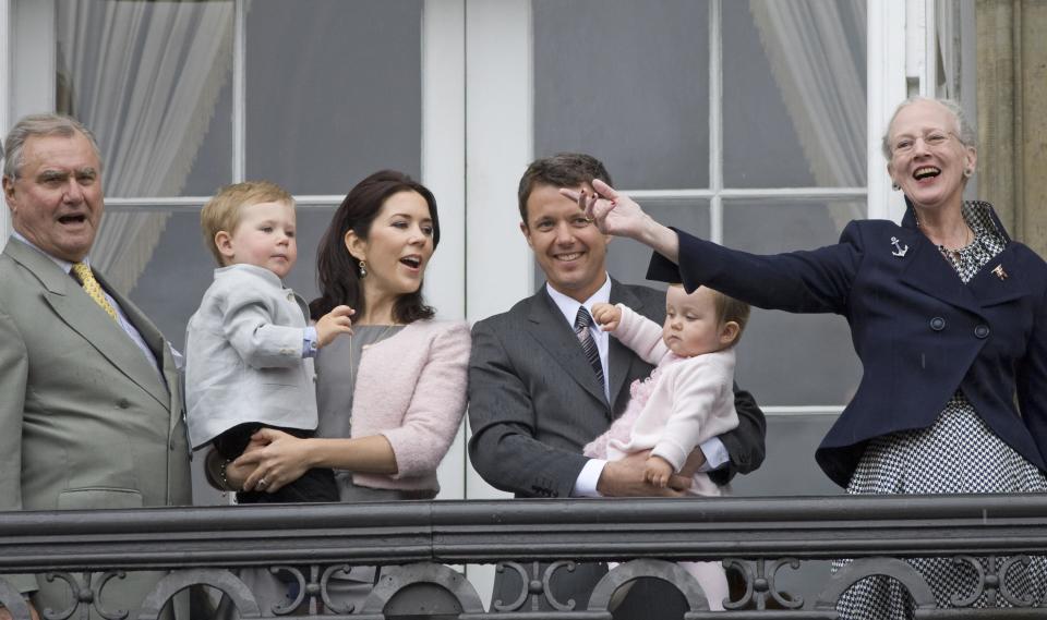 <p>Talk about proud as punch! Doting Prince Henrik happily looked on at his grandchildren Christian, two, and Isabella, one, during their dad Frederik’s 40th birthday celebrations in 2008.</p>