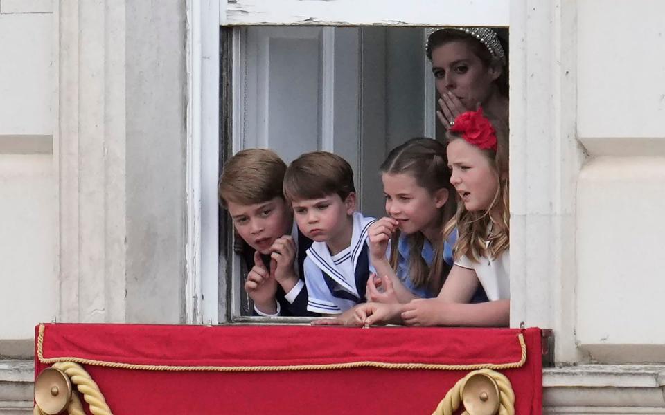 Prince George, Prince Louis, Princess Charlotte, Mia Grace Tindall and Princess Beatrice enjoy the show - AP Photo/Matt Dunham