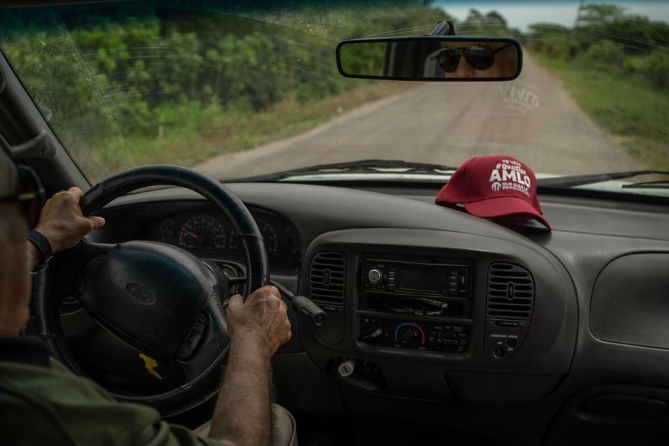 A cap with advertising in favor of a positive vote for the current president of Mexico, Andres Manuel Lopez Obrador.