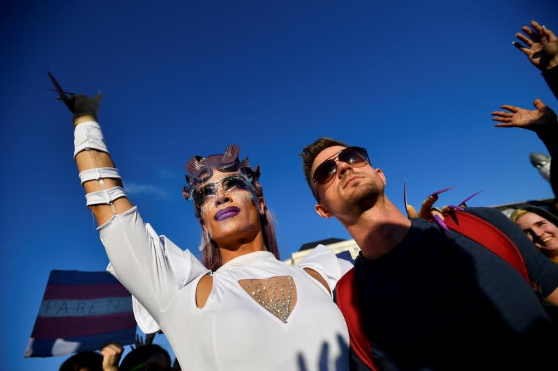 Drag queen Elona Musk attends with his partner a demonstration against the latest anti-LGBTQ law in Budapest