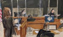 In this courtroom sketch, assistant U.S. attorney Alison Moe questions an unidentified victim about her experiences with Jeffery Epstein and Ghislaine Maxwell Tuesday, Nov. 30, 2021, in New York. (AP Photo/Elizabeth Williams)