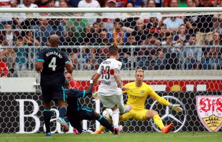 Football - VfB Stuttgart v Manchester City - Pre Season Friendly - The Mercedes-Benz Arena, Stuttgart, Germany - 1/8/15 Daniel Ginczek scores the fourth goal for Stuttgart Action Images via Reuters / John Marsh Livepic