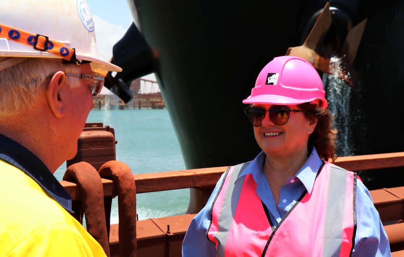 Gina Rinehart poses at Roy Hill's berths in Port Hedland