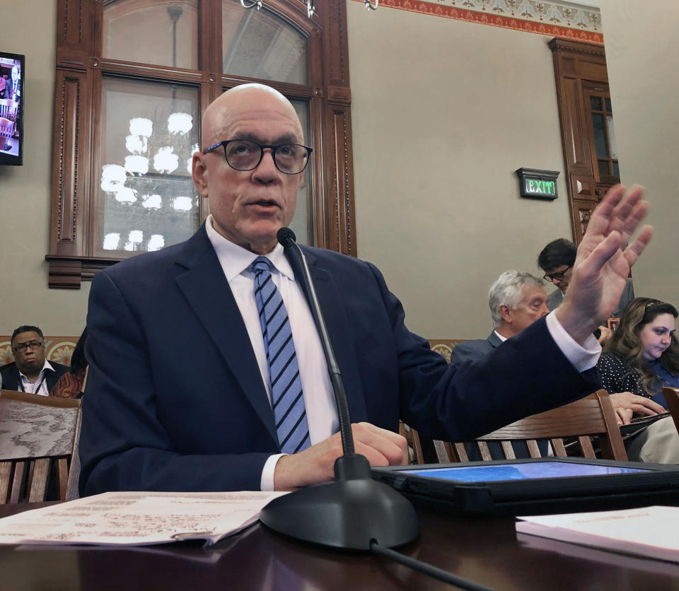 Illinois House Majority Leader Greg Harris, D-Chicago, outlines a $39.9 billion state budget plan to the Executive Committee, Saturday, June 1, 2019 in Springfield, Ill. Lawmakers missed the Friday, May 31, 2019 deadline to adjourn their spring session after a week of landmark votes including approving a constitutional amendment question asking voters whether to switch to a graduated income-tax structure that hits the wealthy harder and sending to the governor statutory language to protect abortion rights after several Republican-led states have imposed steep restrictions on the procedure. (AP Photo/John O’Connor)