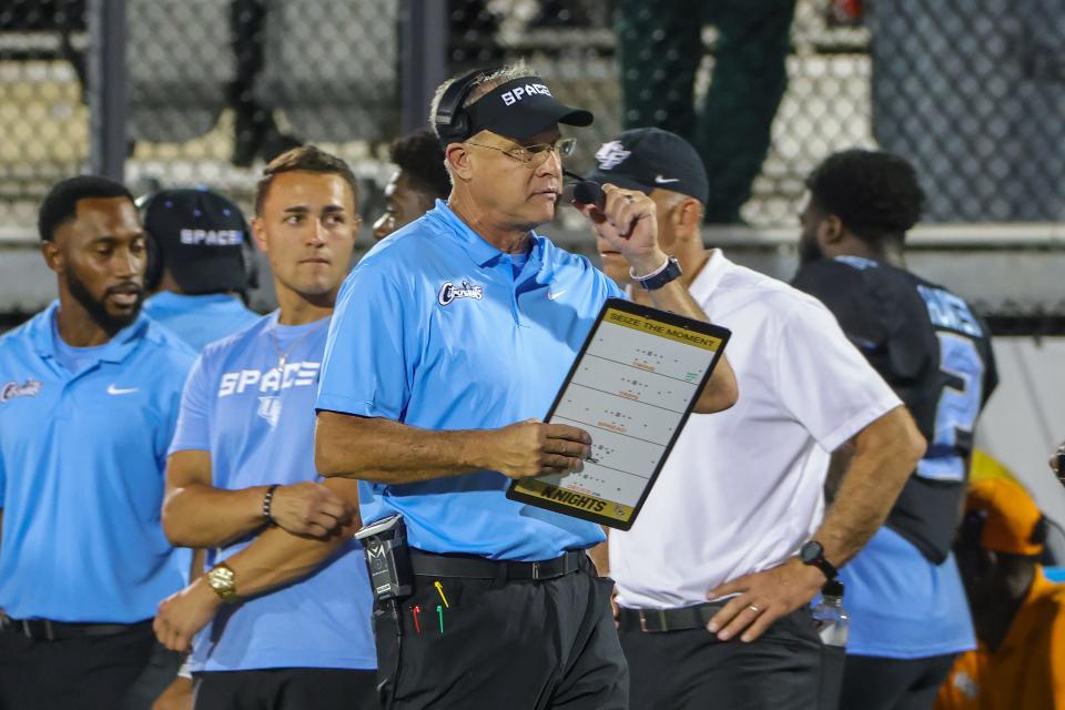 UCF Knights head coach Gus Malzahn walks the sideline during the second quarter Thursday, Oct. 13, 2022, against the Temple Owls at FBC Mortgage Stadium in Orlando, Florida.