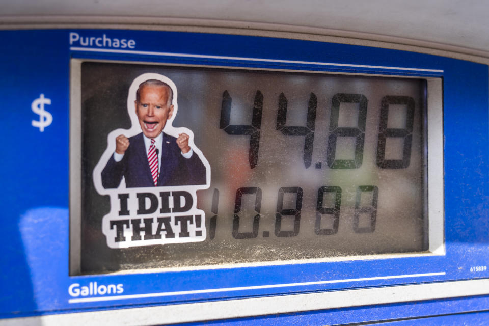 UNITED STATES - APRIL 16: A Joe Biden sticker is seen on a pump at a Mobil gas station on Florida Avenue, NE, in Washington, D.C., on Saturday, April 16, 2022. (Tom Williams/CQ-Roll Call, Inc via Getty Images)