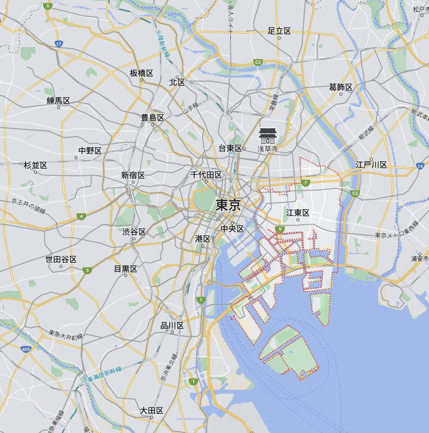 江東区は東京の臨海部に位置します。  （グーグルマップ）