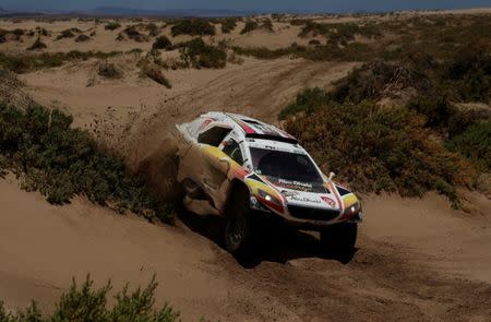 Dakar Rally - 2017 Paraguay-Bolivia-Argentina Dakar rally - 39th Dakar Edition - Fifth stage from Tupiza to Oruro, Bolivia 06/01/17. Sheikh Al Qassimi of United Arab Emirates drives his Peugeot with his copilot Pascal Maimon. REUTERS/Ricardo Moraes