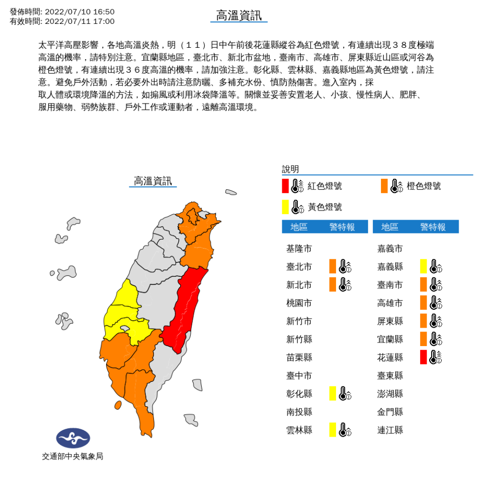 氣象局對明日上午發布高溫燈號，提醒民眾要多補充水份。（圖／翻攝自氣象局官網）