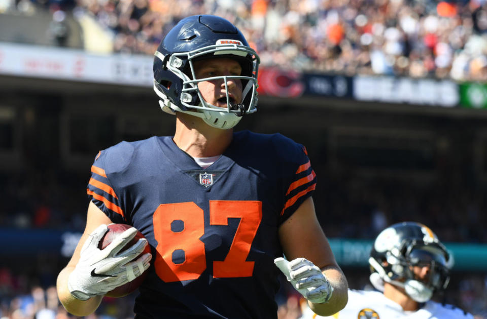 Sep 24, 2017; Chicago, IL, USA; Chicago Bears tight end Adam Shaheen (87) reacts after scoring a touchdown against the Pittsburgh Steelers during the second quarter at Soldier Field. Mandatory Credit: Mike DiNovo-USA TODAY Sports