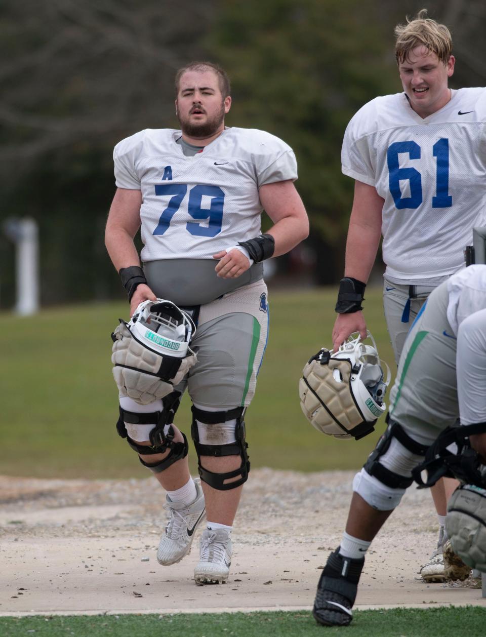 UWF offensive lineman Ryan Hunt (79) practices with the Argos during a recent spring practice. The Milton native transferred to UWF from Middle Tennessee State University.