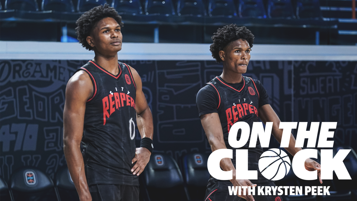 Dec 9, 2022; Atlanta, GA, USA; City Reapers guards Ausar Thompson (0) and Amen Thompson (1) react during the game against the Cold Hearts at Overtime Elite. Mandatory Credit: Dale Zanine-USA TODAY Sports