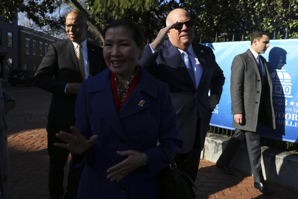 Maryland Gov. Larry Hogan walks to the Governor's Mansion prior to Gov.-elect Wes Moore's inauguration in Annapolis, Md., Wednesday, Jan. 18, 2023. (AP Photo/Julia Nikhinson)