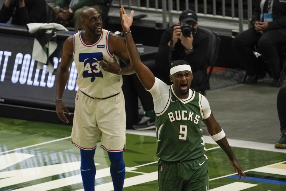 Milwaukee Bucks' Bobby Portis reacts after being fouled during the first half of an NBA basketball game against the Philadelphia 76ers Saturday, April 24, 2021, in Milwaukee. (AP Photo/Morry Gash)