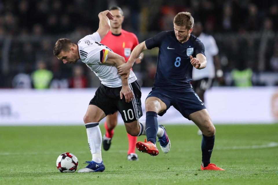 Plan of attack: Eric Dier, in action against Germany’s Lukas Podolski, says England need to be “aggressive and on the front foot” to beat Lithuania: Maja Hitij/Bongarts/Getty Images